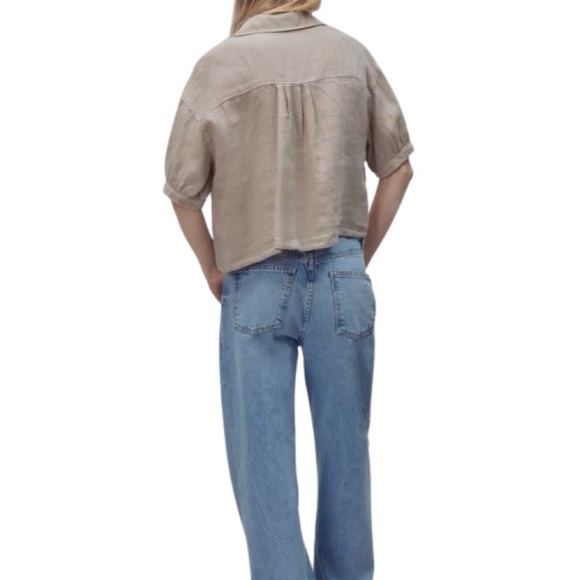 Zara 100% Linen Cropped Shirt Womens M Tan Button Up Short Sleeve Boxy Collared - Picture 3 of 8